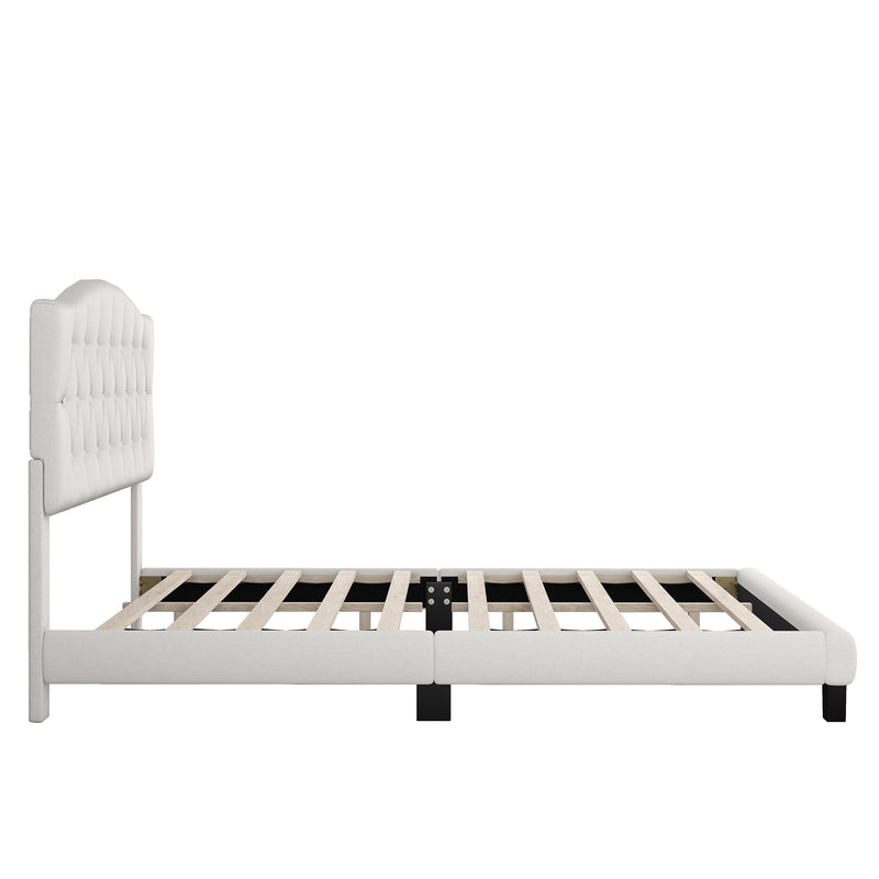 Upholstered Platform Bed with Saddle Curved Headboard and Diamond Tufted Details, Queen, Beige