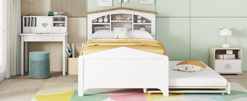 Twin Size Wood Platform Bed with House-shaped Storage Headboard and Trundle, White