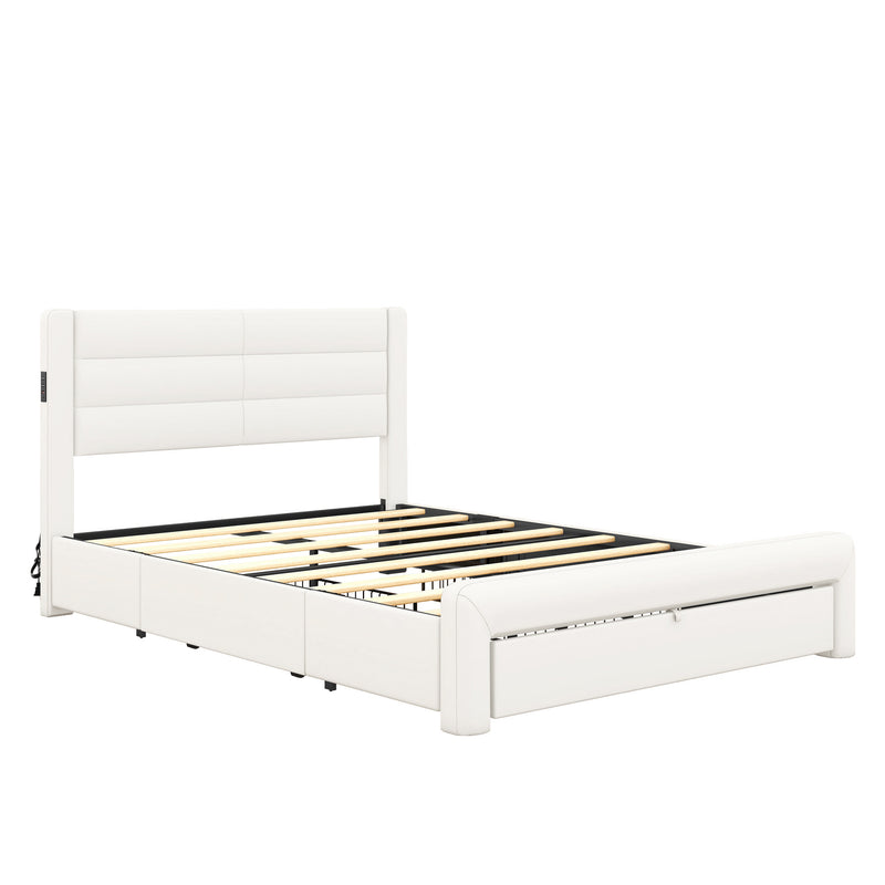 Queen Size Bed Frame with Drawers Storage, Leather Upholstered Platform Bed with Charging Station, White (Expect arrive date Jan. 12th. 2024)