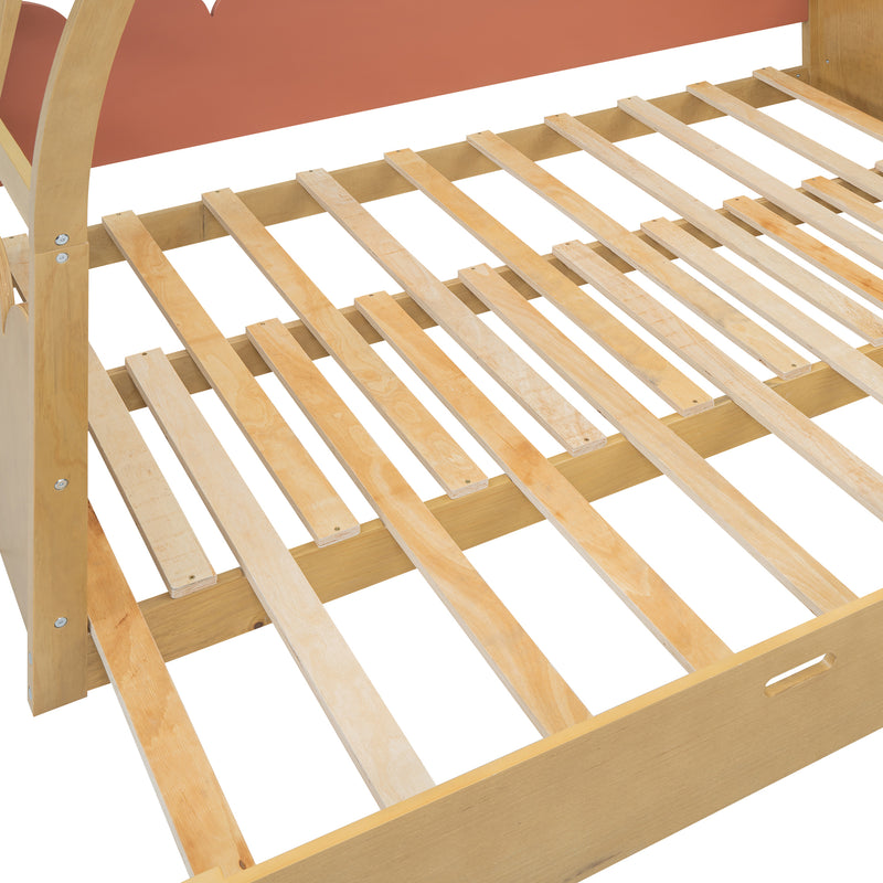 Twin size stretchable vaulted roof bed, children's bed pine wood frame, natural and orange