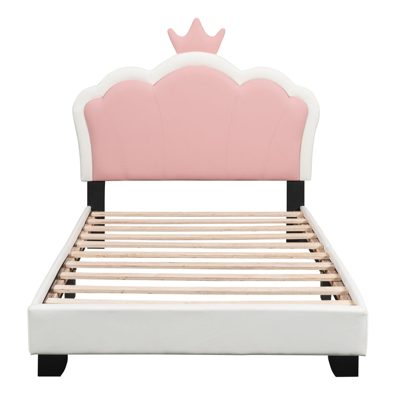 Twin Size Upholstered Princess Bed With Crown Headboard, Twin Size Platform Bed With Headboard And Footboard - White / Pink