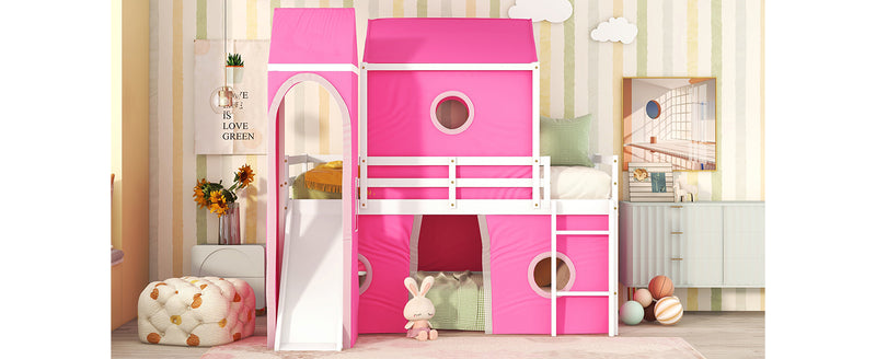 Twin Size Bunk Bed with Slide Pink Tent and Tower - Pink