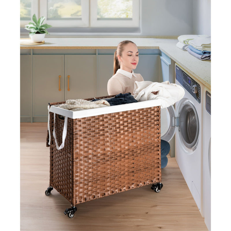 Laundry Hamper With Lid PE Rattan Powder Coating Frame Clothes Hampers With 2 Removable Bags