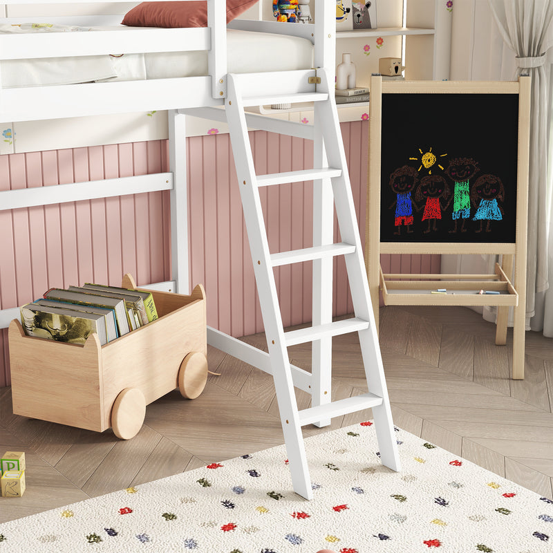 Twin Size High Loft Bed with inclined Ladder, Guardrails,White