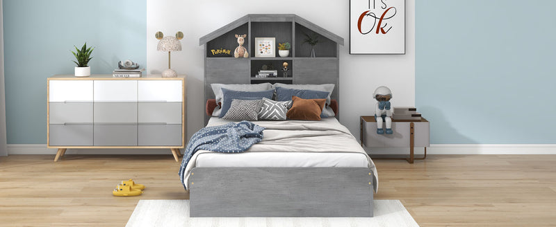 Twin Size Wood Platform Bed with House-shaped Storage Headboard and 2 Drawers, Gray