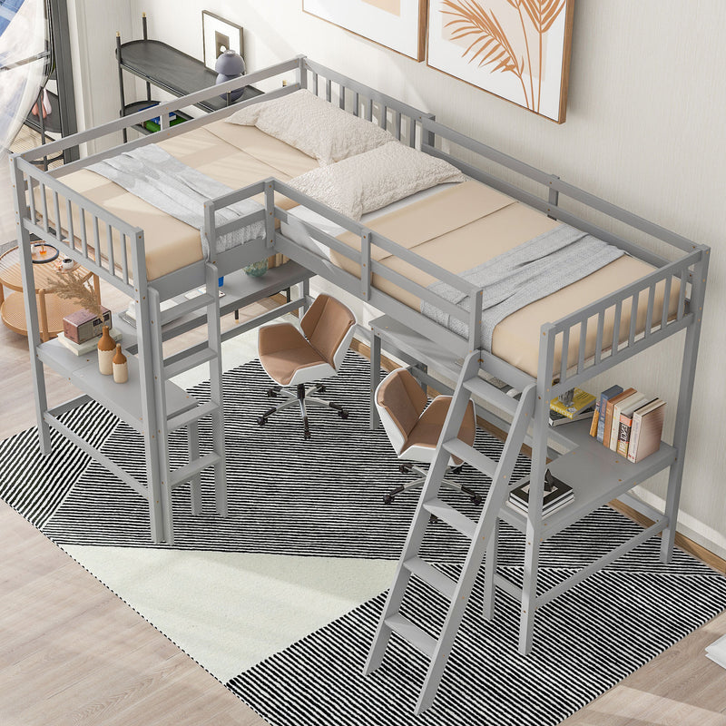 Wood Twin Size L-Shaped Loft Bed with Ladder and 2 Built-in L-Shaped Desks, Gray