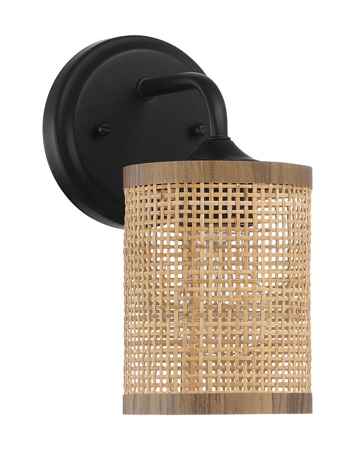 Reef - Single Lights Wall Sconce With Natural Shade Rustic Wicker Wall Light - Black / Rattan