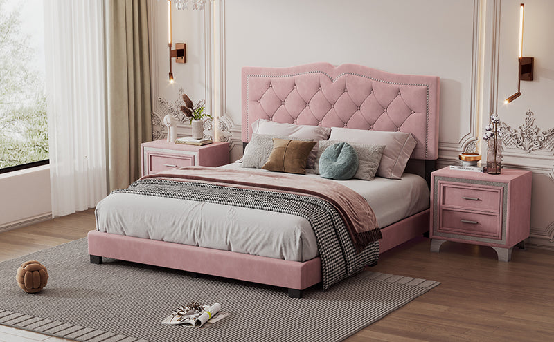 Queen Size Upholstered Bed Frame with Rivet Design, Modern Velvet Platform Bed with Tufted Headboard,Pink