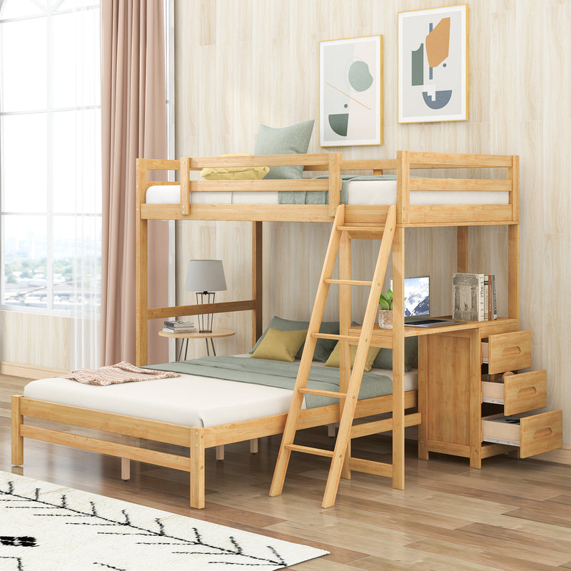 Twin over Full Bunk Bed with Built-in Desk and Three Drawers, Natural