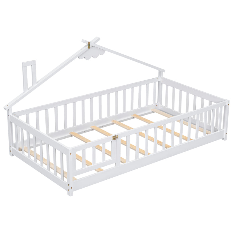 Twin House-Shaped Bedside Floor Bed with Guardrails, Slats, with Door,White