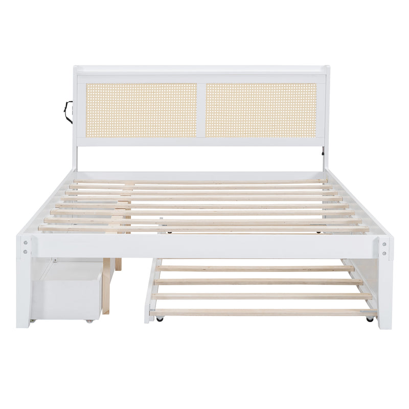 Queen Size Elegant Bed Frame with Rattan Headboard and Sockets ,White