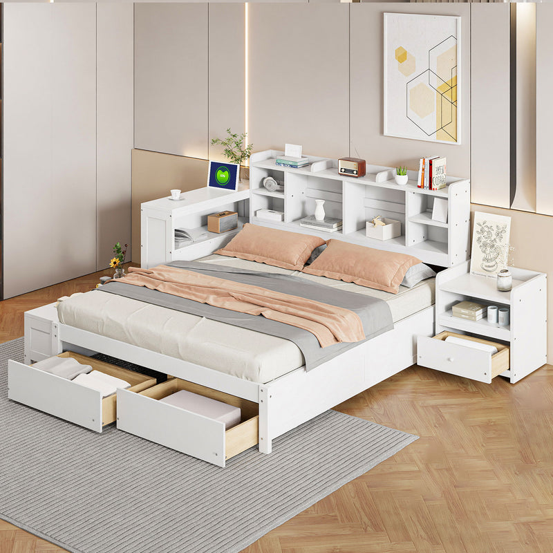 Platform Bed With Multi Functional Storage Space, Nightstand, 2 Drawers, USB Ports And Desk