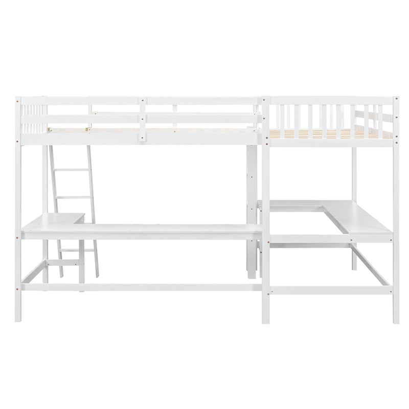 Wood Twin Size L-Shaped Loft Bed with Ladder and 2 Built-in L-Shaped Desks, White