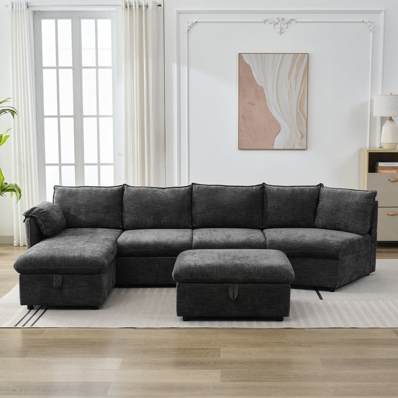 L-Shaped Sofa Sectional Sofa Couch Pull-Out Sofa Bed With A Movable Storage Ottoman, A Storage Chaise Lounge And Two USB Ports For Living Room