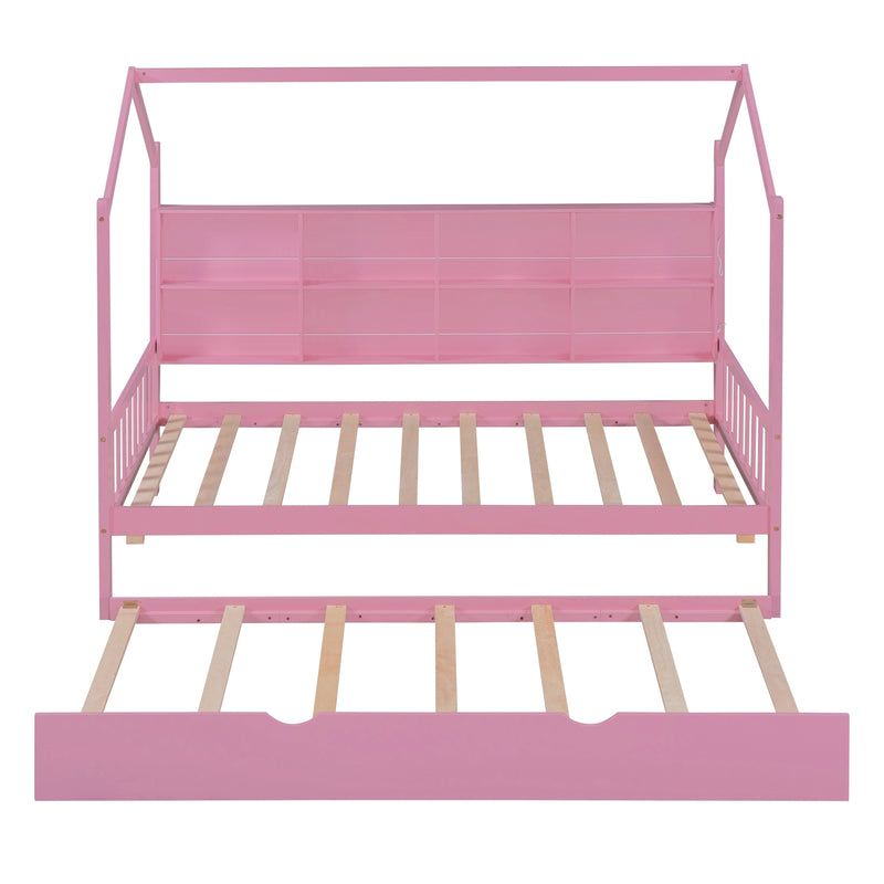 Wooden Twin Size House Bed with Trundle,Kids Bed with Shelf,Pink