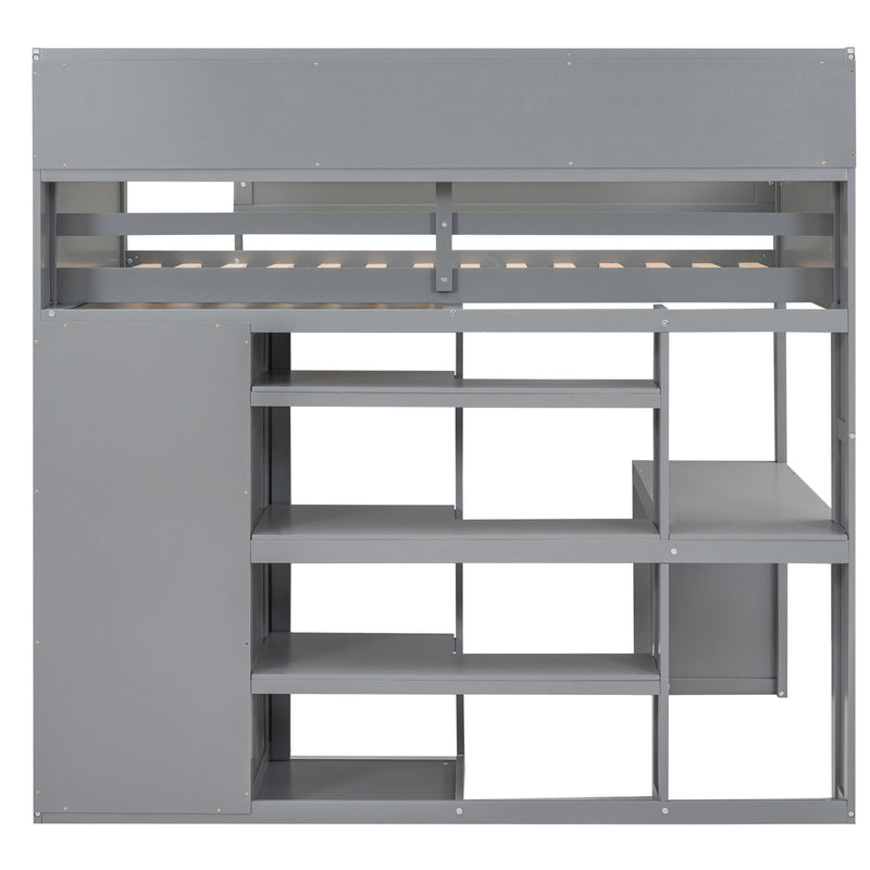 Wood Twin Size Loft bed with Multiple Storage Shelves and Wardrobe, Gray