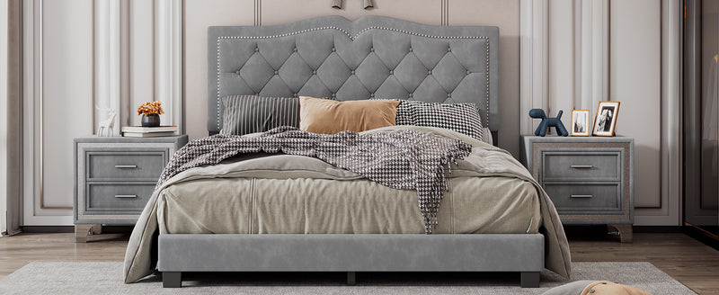 Queen Size Upholstered Bed Frame with Rivet Design, Modern Velvet Platform Bed with Tufted Headboard,Gray