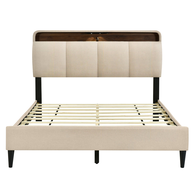 Queen size Upholstered Platform Bed with Storage Headboard, Sensor Light and a set of Sockets and USB Ports, Linen Fabric, Beige