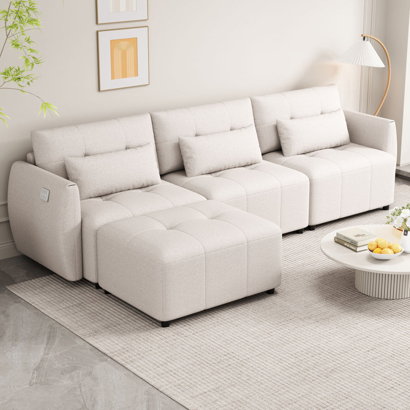 Convertible Sectional Sofa Couch 3 Seat L-Shaped Sofa With Movable Ottoman And USB For Apartment, Living Room, Bedroom