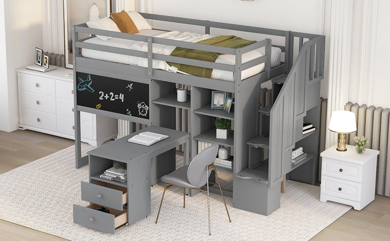 Twin Size Loft Bed with Pullable Desk and Storage Shelves,Staircase and Blackboard,Gray