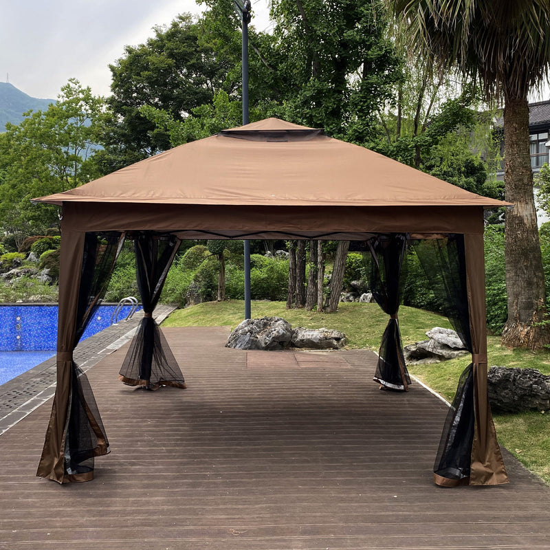 Outdoor 11X 11Ft Pop Up Gazebo Canopy With Removable Zipper Netting, 2 Tier Soft Top Event Tent, Suitable For Patio Backyard Garden Camping Area With 4 Sandbags - Brown