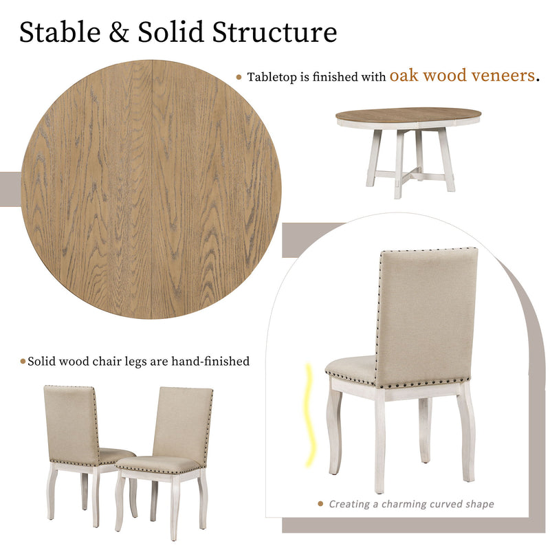 Farmhouse Dining Table Set Wood Round Extendable Dining Table And Upholstered Dining Chairs