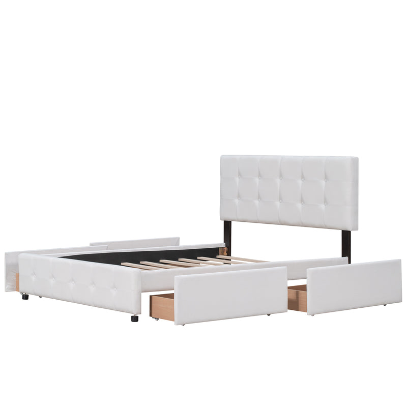 Upholstered Platform Bed with Classic Headboard and 4 Drawers, No Box Spring Needed, Linen Fabric, Queen Size White