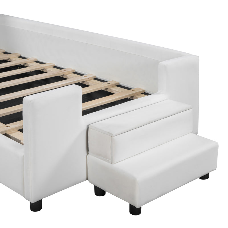 Twin Size Upholstered Daybed with Bear Shaped Headboard, Hydraulic System and Breathable Mesh Fence, White