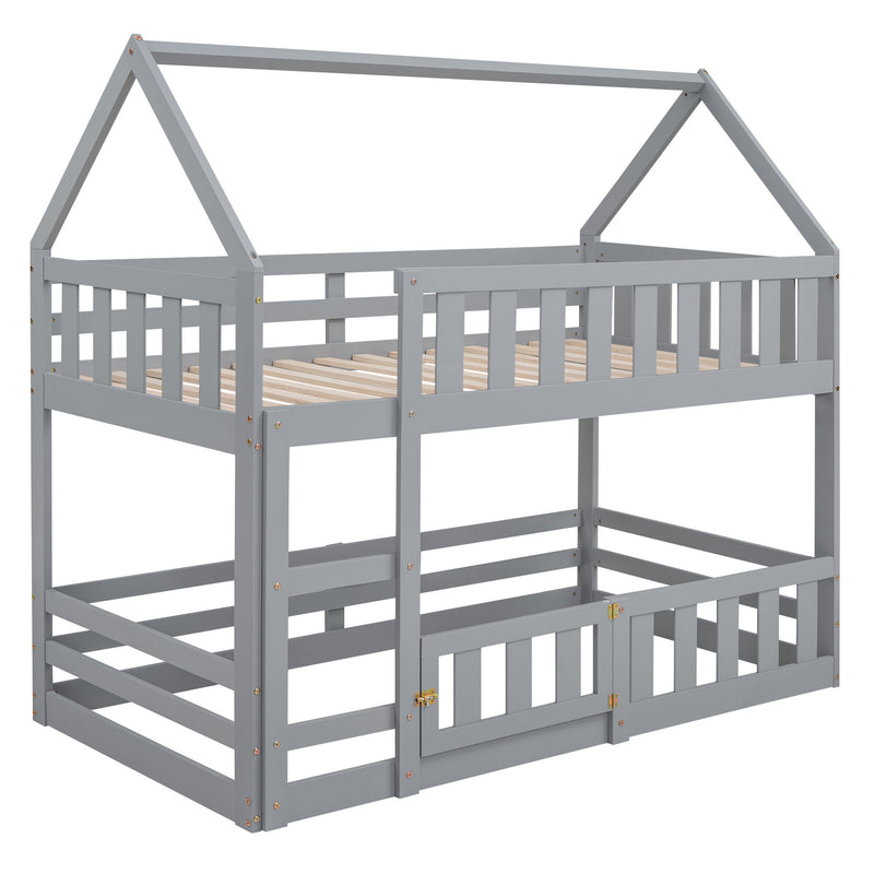 Twin Over Twin House Bunk Bed With Fence And Door - Gray