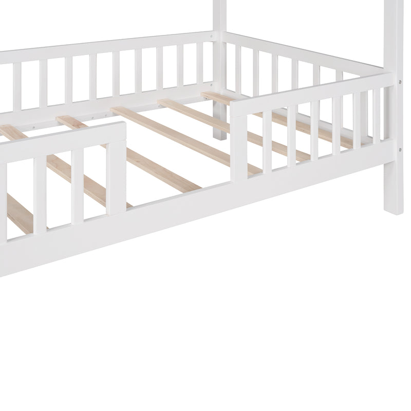 Twin Size Wood House Bed with Fence, White