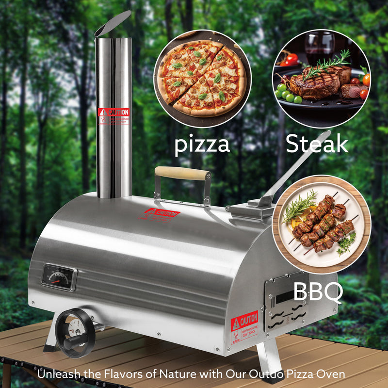 Silver Pizza Oven Outdoor 12" Semi-Automatic Rotatable Pizza Ovens Portable Stainless Steel Wood Fired Pizza Oven Pizza Maker With Built-In Thermometer Pizza Cutter Carry Bag - Silver