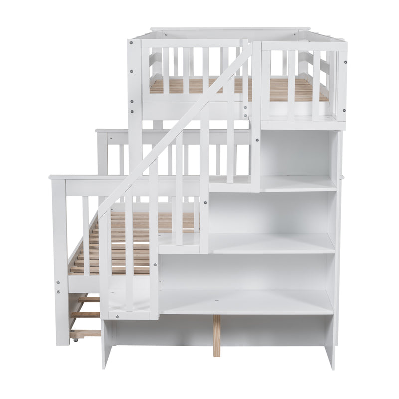 Twin-Over-Full Bunk Bed with Twin size Trundle, Storage and Guard Rail for Bedroom, Dorm, for Adults, White(OLD SKU :LT000119AAK)