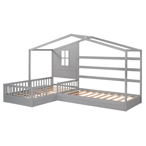 Wood House Bed Twin Size, 2 Twin Solid Bed L structure with fence and slatted frame, Gray