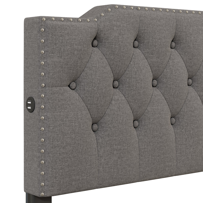 Queen Size Upholstered Platform Bed with 2 Drawers and 2 sets of USB Ports on each side, Linen Fabric, Gray