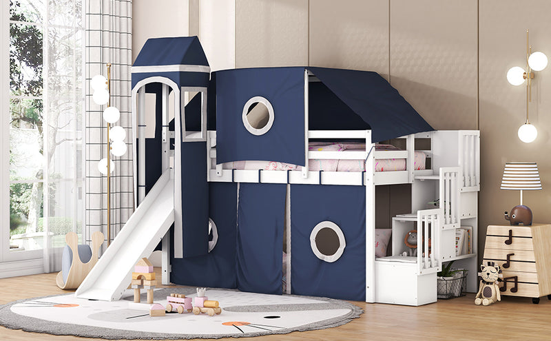 Twin Size Loft Bed with Tent and Tower - Blue