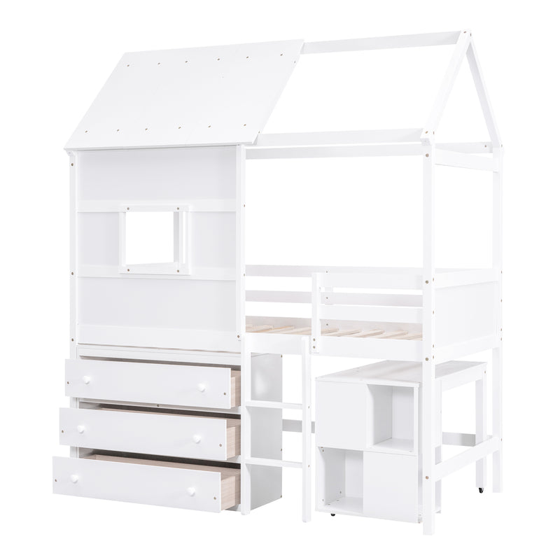 Twin Size House Loft Bed with Storage Desk and 3 Drawer Chest, White