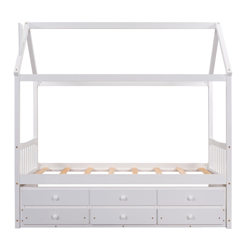 Twin size Wooden House Bed with Trundle and 3 Storage Drawers-White