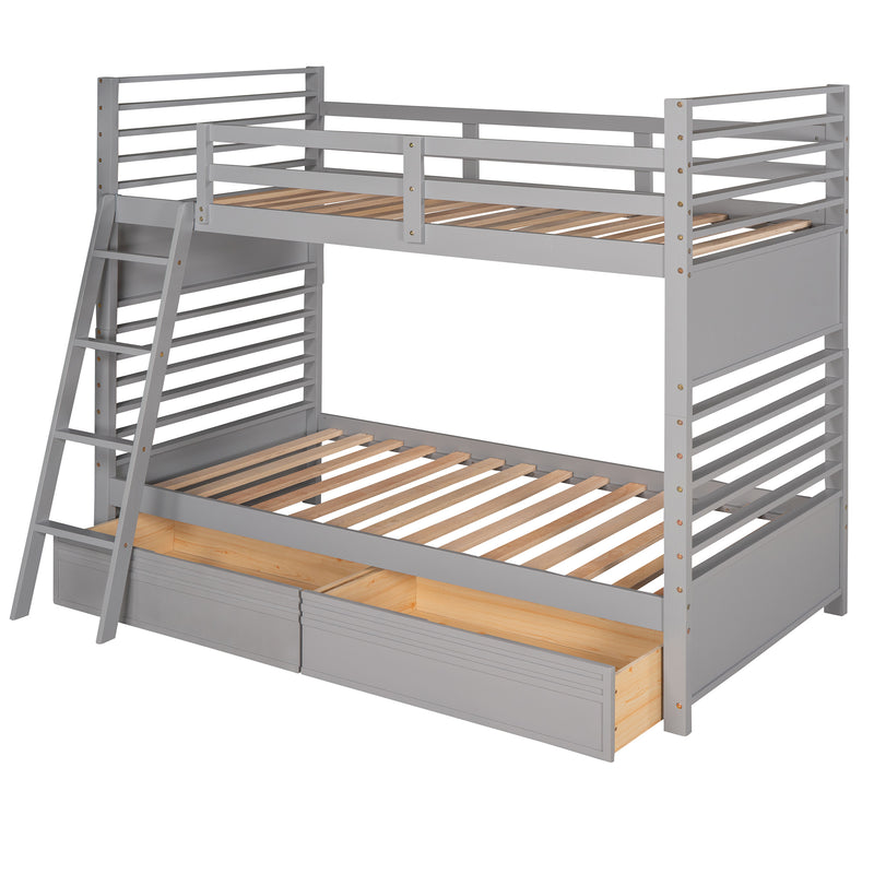 Twin over Twin Wood Bunk Bed with Two Drawers - Gray