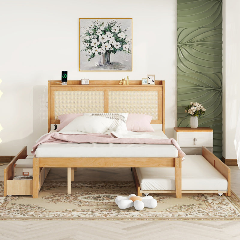 Queen Size Elegant Bed Frame with Rattan Headboard and Sockets ,Walnut