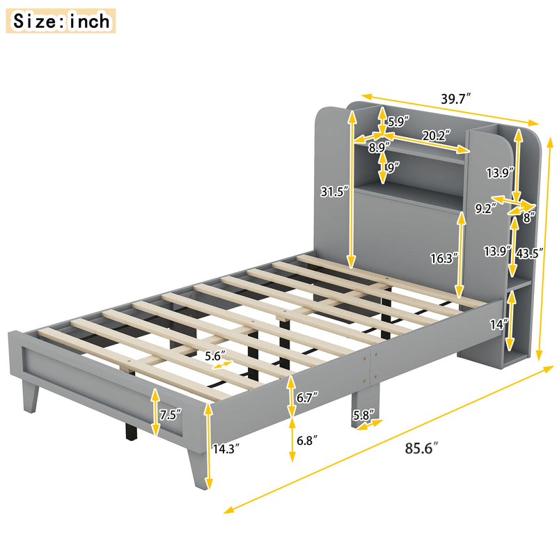 Twin Size Platform Bed with Storage Headboard,Multiple Storage Shelves on Both Sides,Grey