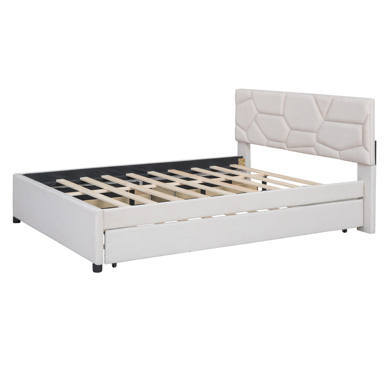 Queen Size Upholstered Platform Bed with Brick Pattern Headboard, with Twin XL Size Trundle and 2 drawers, Linen Fabric, Beige