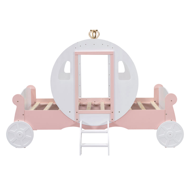 Twin size Princess Carriage Bed with Crown ,Wood Platform Car Bed with Stair,White+Pink