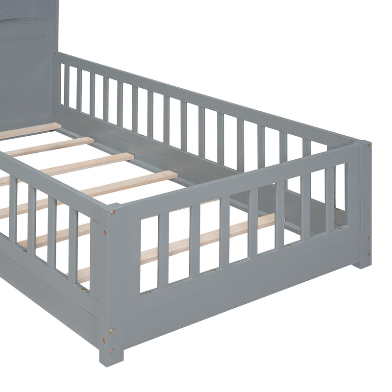 Twin Size House Bed with Window and Bedside Drawers, Platform Bed with Shelves and a set of Sockets and USB Port, Gray