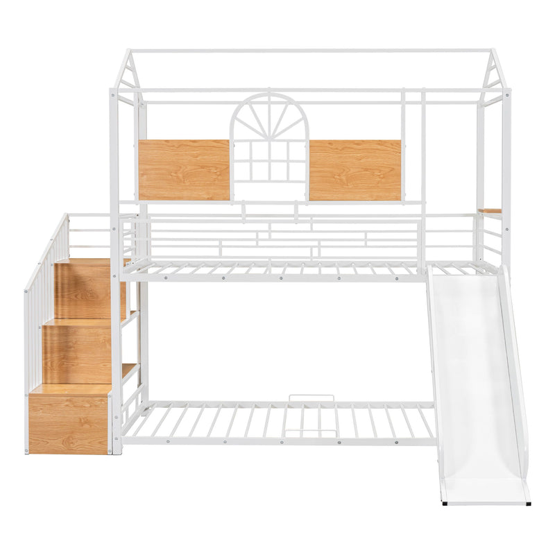 Metal Bunk Bed, Metal Housebed With Slide And Storage Stair