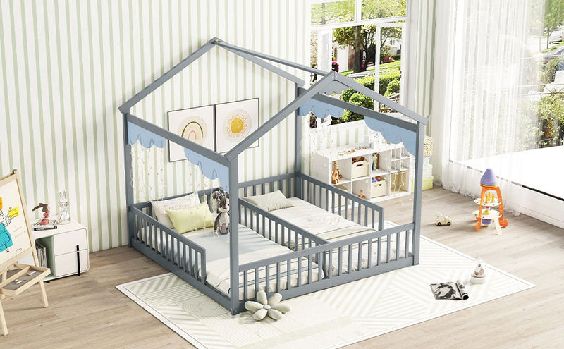 Double Twin House-Style Floor Bed With Fence, Guardrails, Without Door