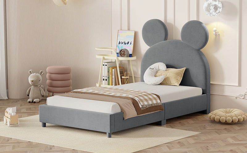 Twin Size Upholstered Platform Bed with Bear Ear Shaped Headboard, Gray