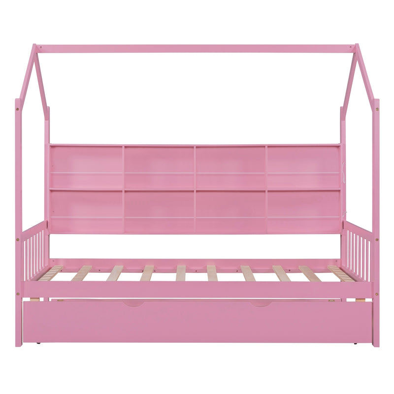 Wooden Twin Size House Bed with Trundle,Kids Bed with Shelf,Pink