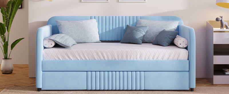 Upholstered Daybed Sofa Bed Twin Size With Trundle Bed and Wood Slat, Light Blue