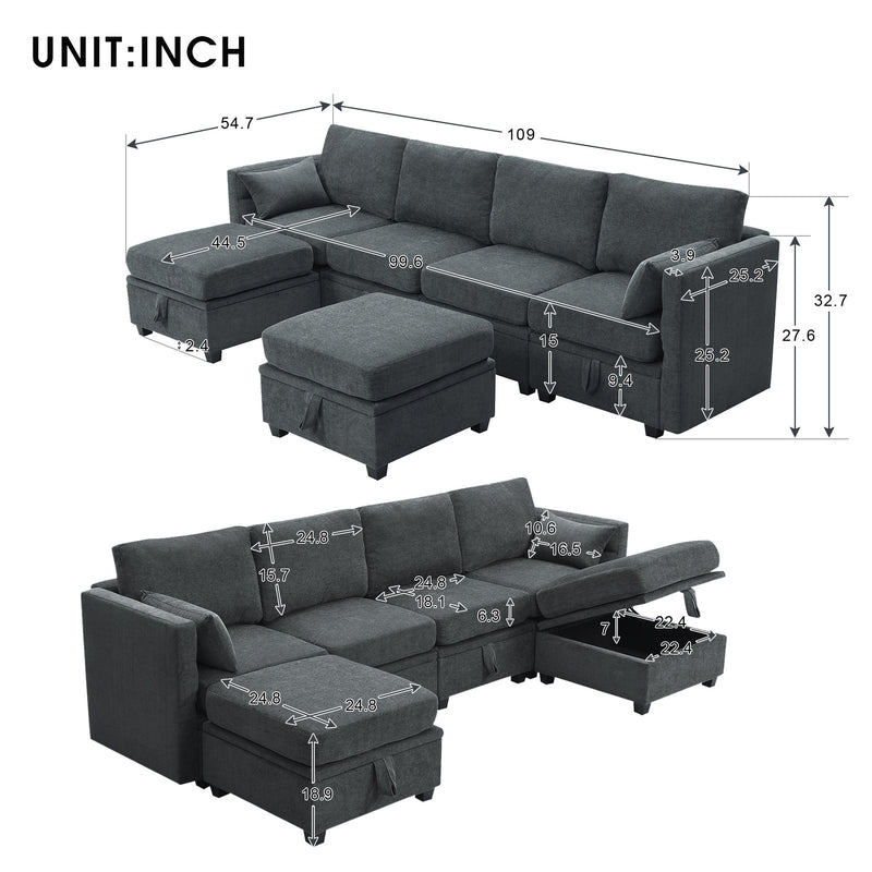 [VIDEO provided] [New] 109*54.7" Chenille Modular Sectional Sofa,U Shaped Couch with Adjustable Armrests and Backrests,6 Seat Reversible Sofa Bed with Storage Seats for Living Room, Apartment,2 Colors