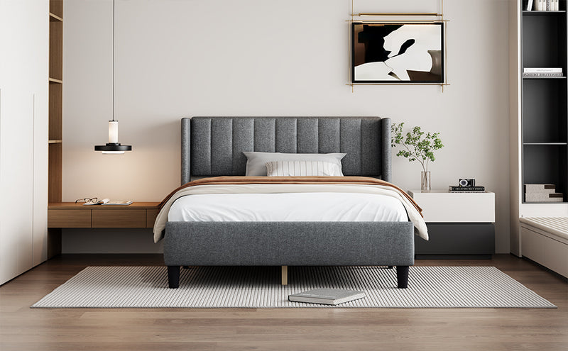 Queen size Upholstered Platform Bed Frame with Headboard, Mattress Foundation, Wood Slat Support, Quiet, no Box Spring Needed, Easy to Assemble Light Grey